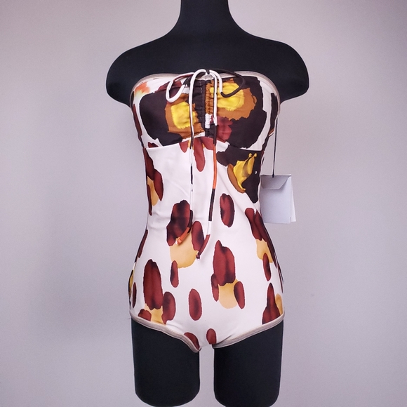 NWT CHRIS BENZ strapless mod print swimsuit - Picture 3 of 7